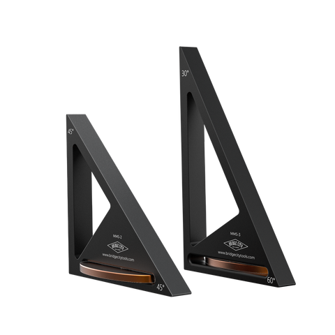 Two black triangular rulers MMS-KIt with brown measurement markings on a white background