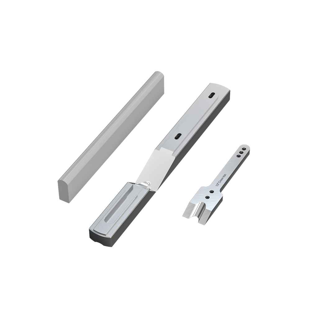 Set of metal brackets and tools on a white background