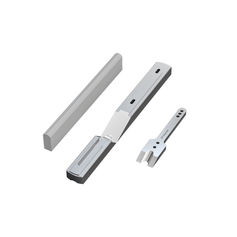 Set of metal brackets and tools on a white background