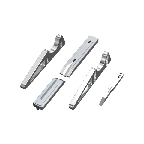 A set of five silver-colored iron hand plane components for woodworking, displayed against a white background.