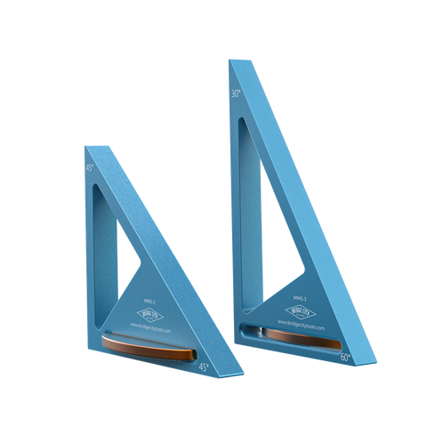 Two blue triangular rulers MMS-KIt with brown measurement markings on a white background
