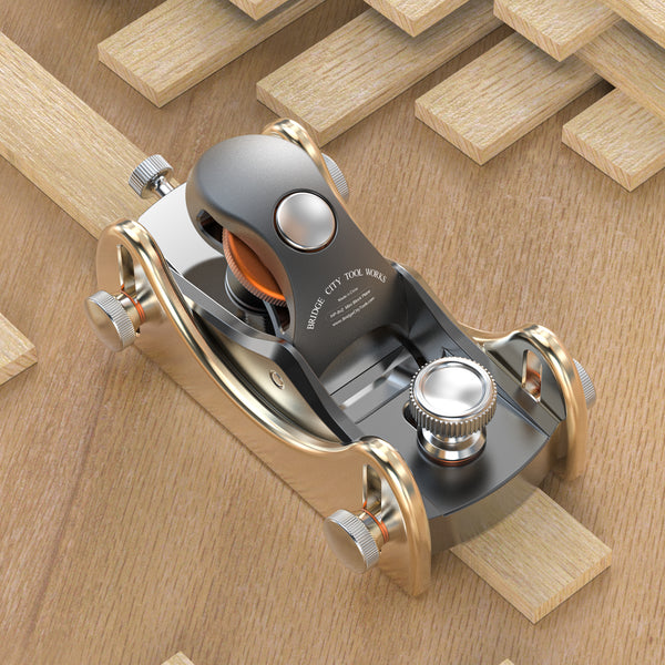 Woodworking plane tool on a wooden surface with wooden planks in the background