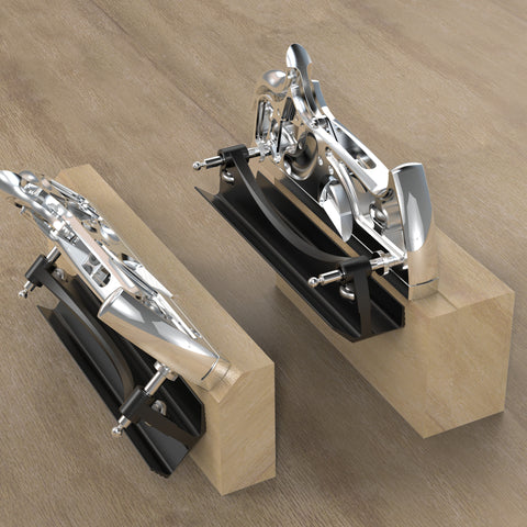 HP-10 Foxtail Convertible Plane, a precision hand tool for woodworking tasks, showcasing a metallic silver body with intricate design elements.