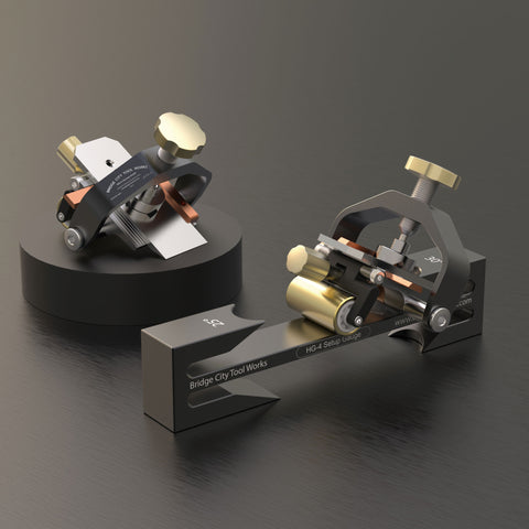 black HG-4 Honing Guide designed for sharpening irons and chisels, featuring a solid brass roller and stainless steel hardware.