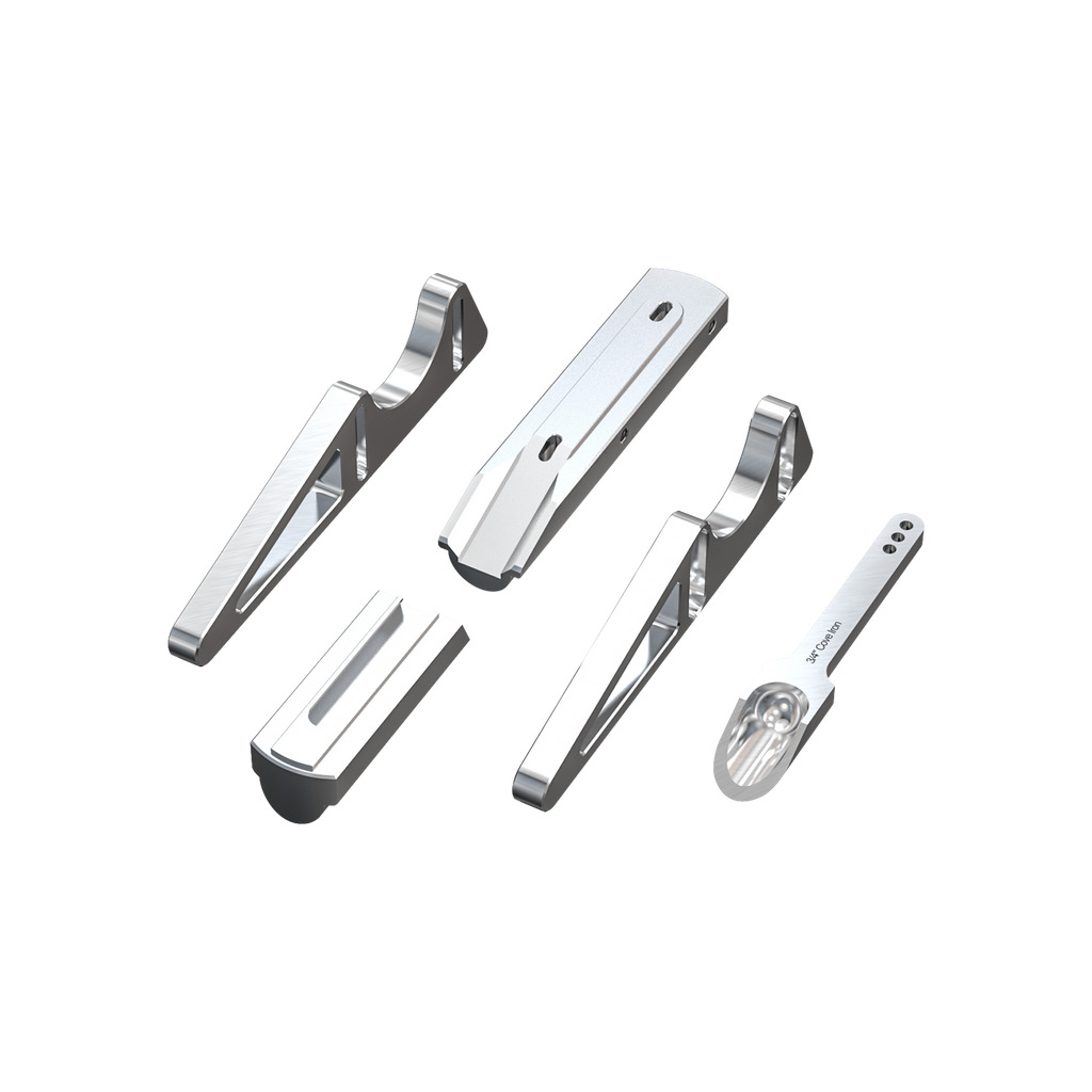 A set of five silver-colored iron hand plane components for woodworking, displayed against a white background.