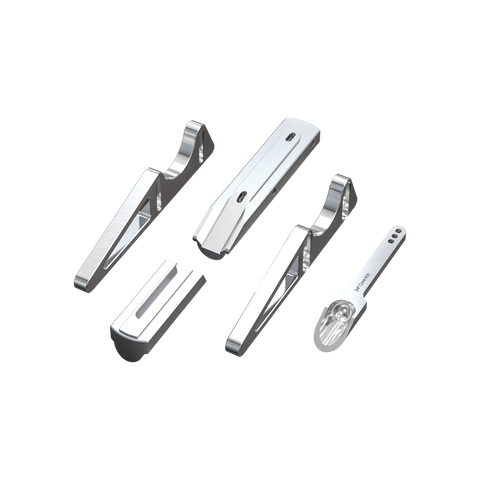 A set of five silver-colored iron hand plane components for woodworking, displayed against a white background.