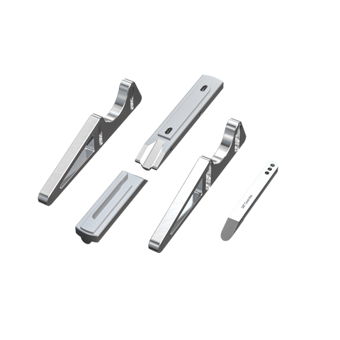 A set of five silver-colored iron hand plane components for woodworking, displayed against a white background.