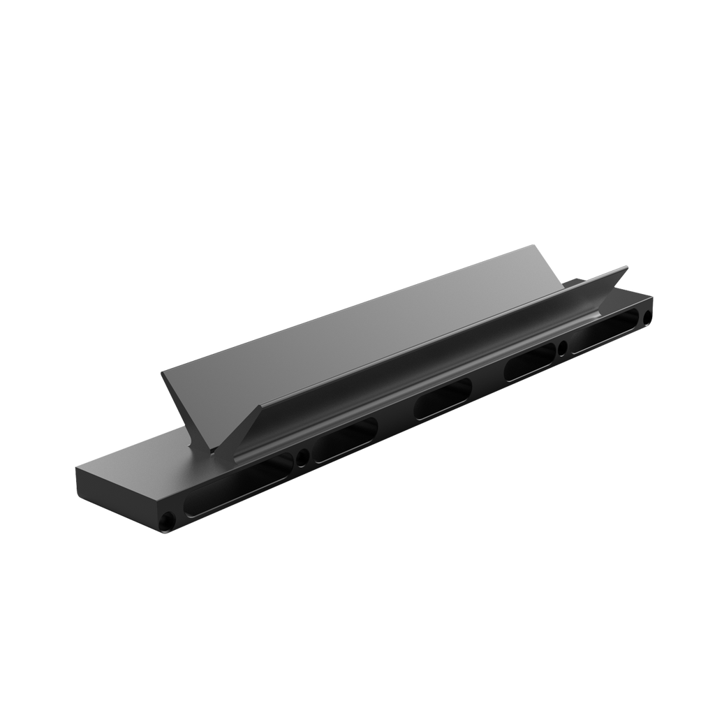 A black anodized aluminum bias arm designed for use with a precision fence system in woodworking.