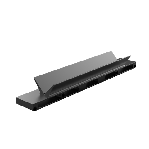A black anodized aluminum bias arm designed for use with a precision fence system in woodworking.