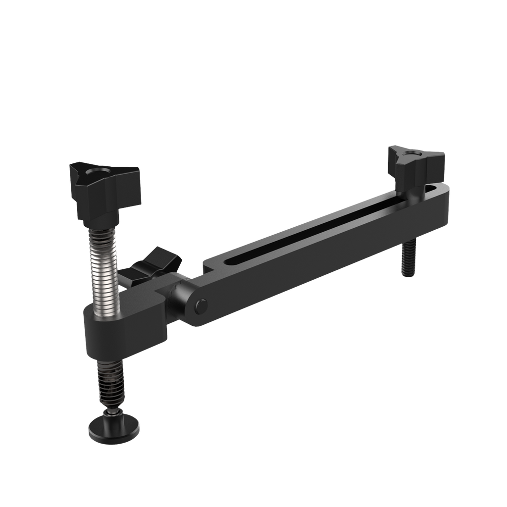 Black anodized aluminum elbow clamp for securing work pieces to a saw fence.