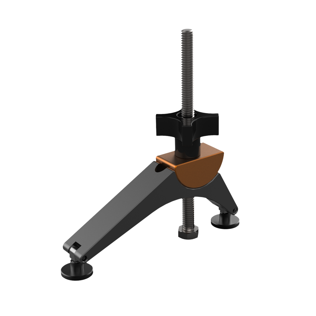 A digital rendering of a precision fence pivot clamp, predominantly gray with orange and black accents, made of anodized aluminum.