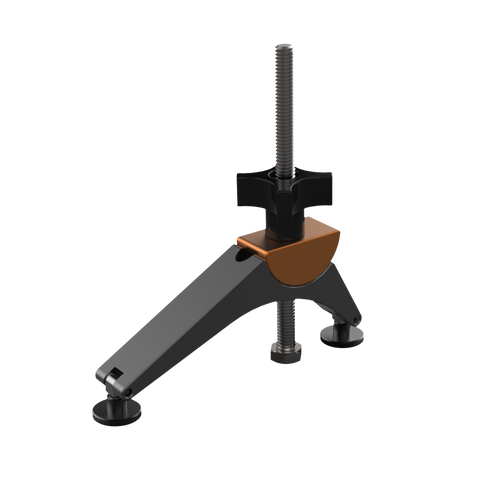 A digital rendering of a precision fence pivot clamp, predominantly gray with orange and black accents, made of anodized aluminum.
