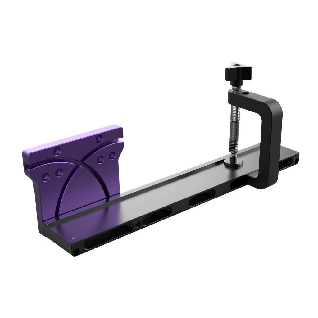 A digital rendering of a tenon miter jig, predominantly gray and purple in color, designed for use with a precision fence on a table saw.