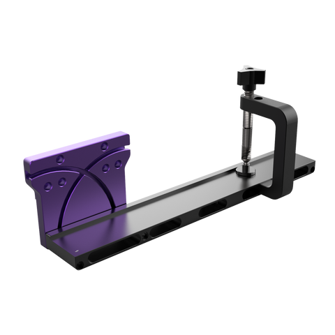 A digital rendering of a tenon miter jig, predominantly gray and purple in color, designed for use with a precision fence on a table saw.
