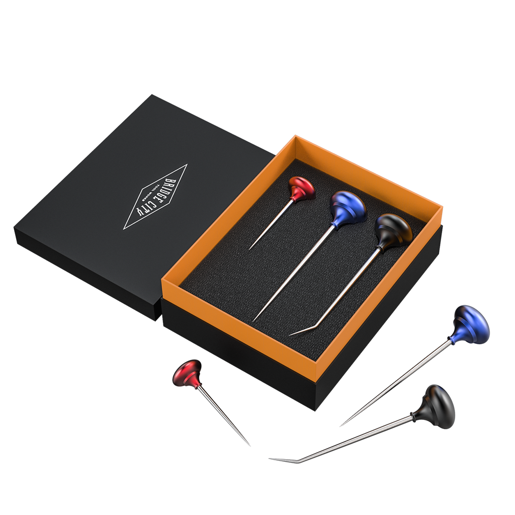 Set of scratch awls in a black and orange box with a brand logo.