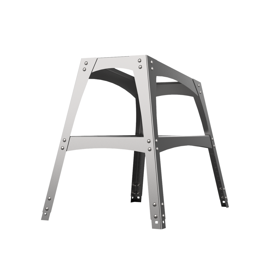 A gray metal stand with an ergonomic design for supporting a sliding table in a workshop.