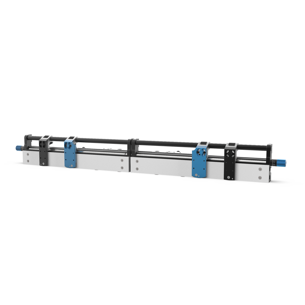 A precision fence system for a saw, consisting of a metal frame with measuring scales and blue adjustment knobs, against a white background.
