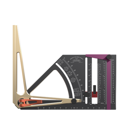 A multi-functional Universal Gauge with a protractor, height gauge, and marking gauge, among other features, with a metallic finish and wooden elements.