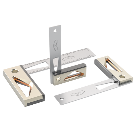 A set of three try squares with stainless steel blades and anodized aluminum handles, displayed on a white background.