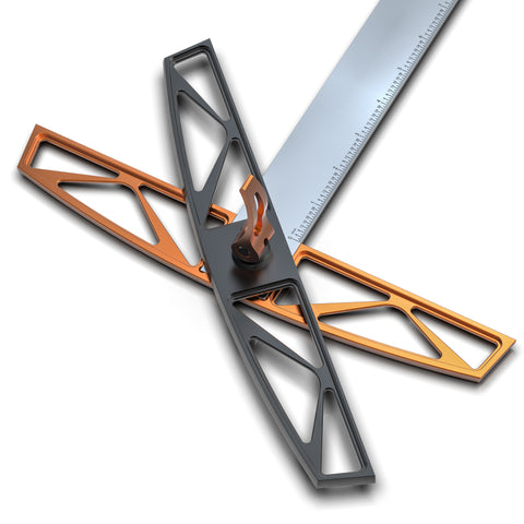 An adjustable square tool with a dual head design and a stainless steel ruler, primarily silver in color with black and orange accents.