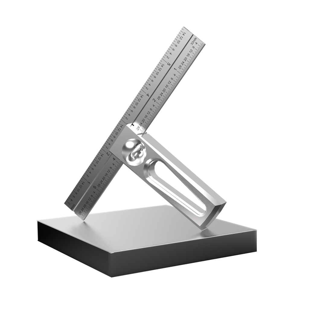 A DS-6v2 Double Square tool made of stainless steel with laser-etched graduations, featuring a try square, depth gauge, and a marking gauge.