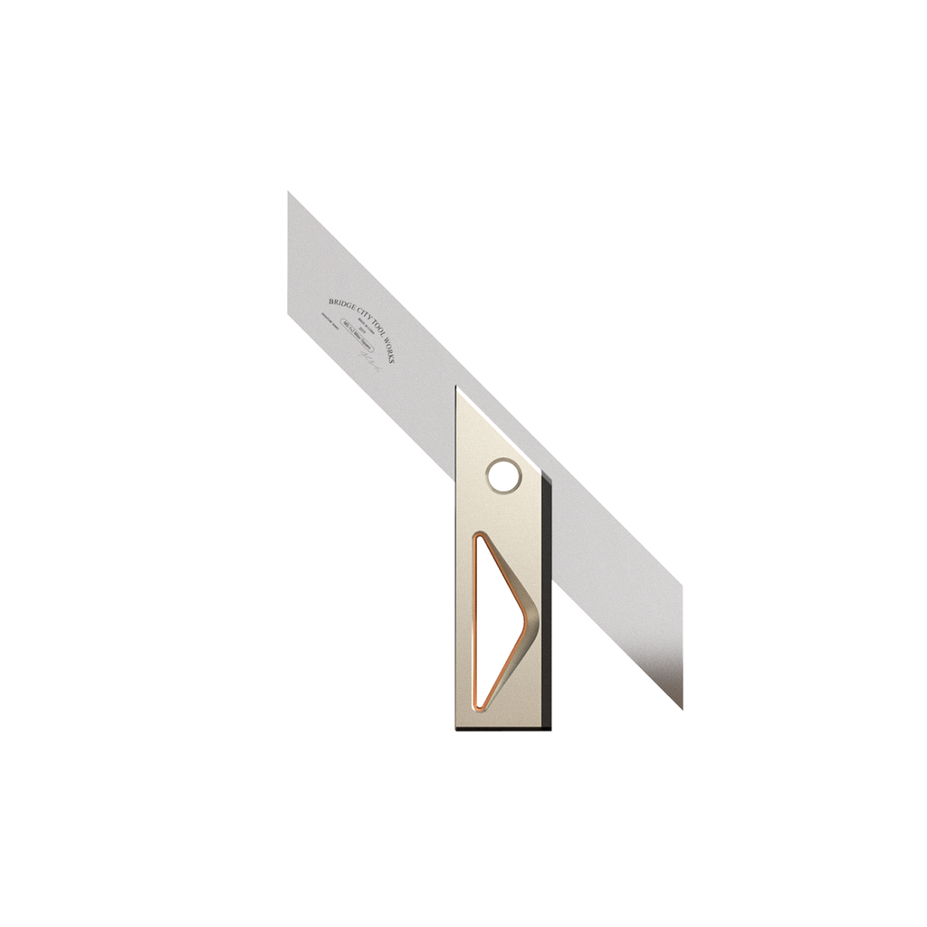 A precision miter square, with stainless steel blades and anodized aluminum handles, used for accurate woodworking and marking.