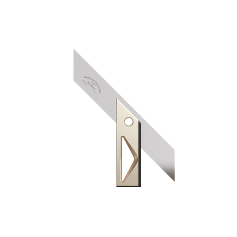 A precision miter square, with stainless steel blades and anodized aluminum handles, used for accurate woodworking and marking.