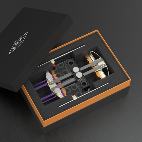 A digital rendering of the DJ-3 Universal Drilling Jig, showcasing its metallic body with purple and silver components, and adjustable parts for various drilling applications, packed in a black and orange box