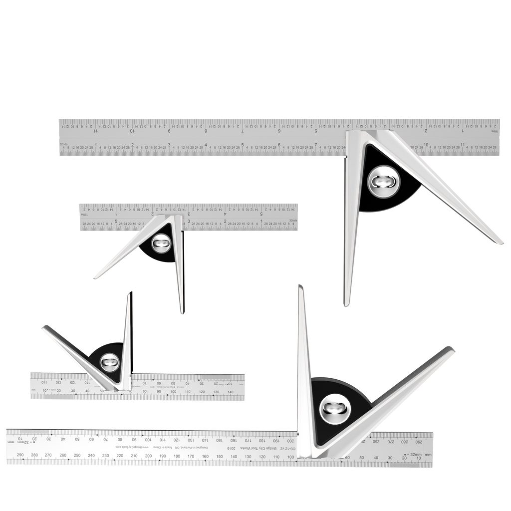 A set of combination squares with stainless steel milled legs and laser-etched graduations. The tools are used for measuring and marking in woodworking and metalworking.