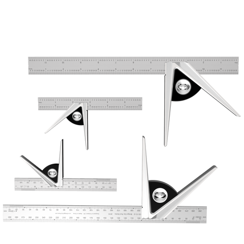 A set of combination squares with stainless steel milled legs and laser-etched graduations. The tools are used for measuring and marking in woodworking and metalworking.