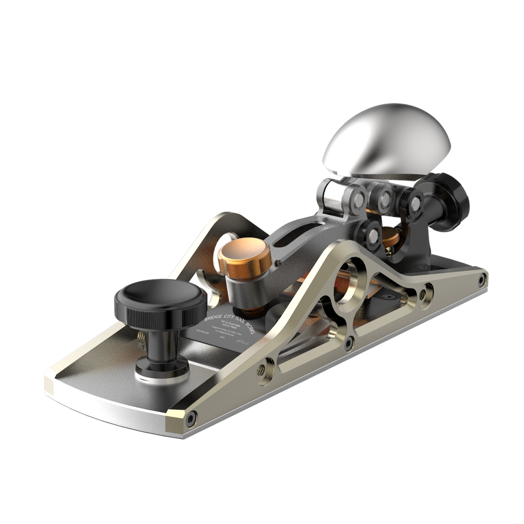 HP-9v2 Dual Angle Block Plane with silver stainless steel sole, brass and black details, and an adjustable throat plate.