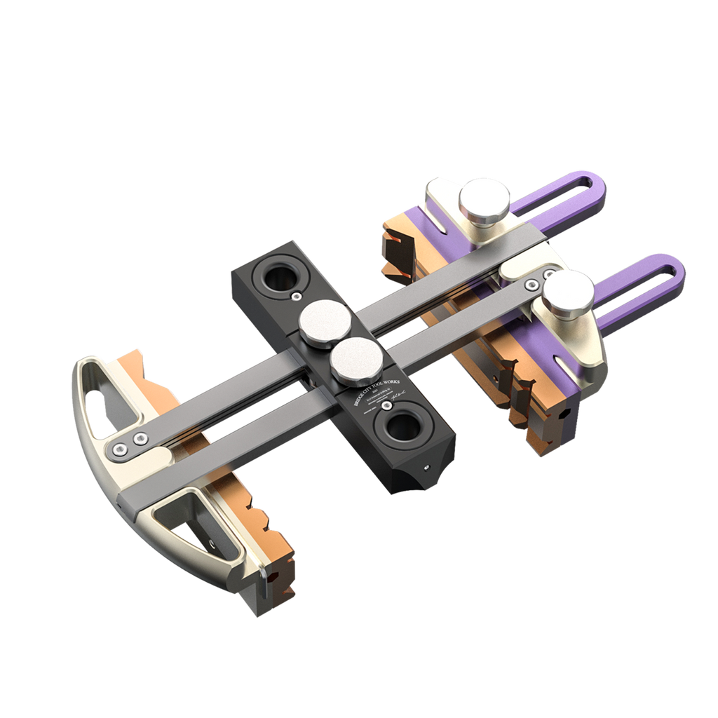 A digital rendering of the DJ-3 Universal Drilling Jig, showcasing its metallic body with purple and silver components, and adjustable parts for various drilling applications.