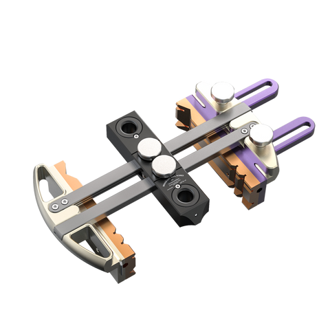 A digital rendering of the DJ-3 Universal Drilling Jig, showcasing its metallic body with purple and silver components, and adjustable parts for various drilling applications.