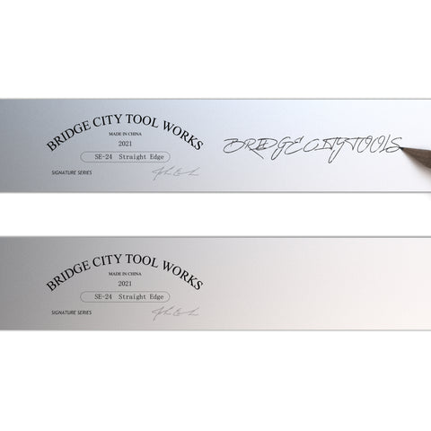 A close-up image of a 24 inch straight edge tool with a reflective silver surface and black text branding.