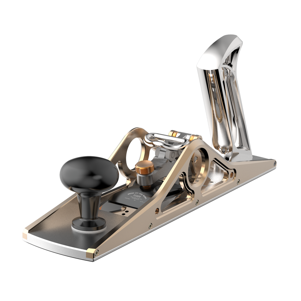 HP-12 Dual Angle Bench Plane with silver front tote and black rear tote, showcasing the side view with the iron and adjustment mechanisms.