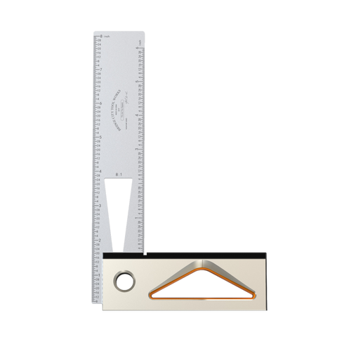 A set of try squares with stainless steel blades and anodized aluminum handles, displayed on a white background.