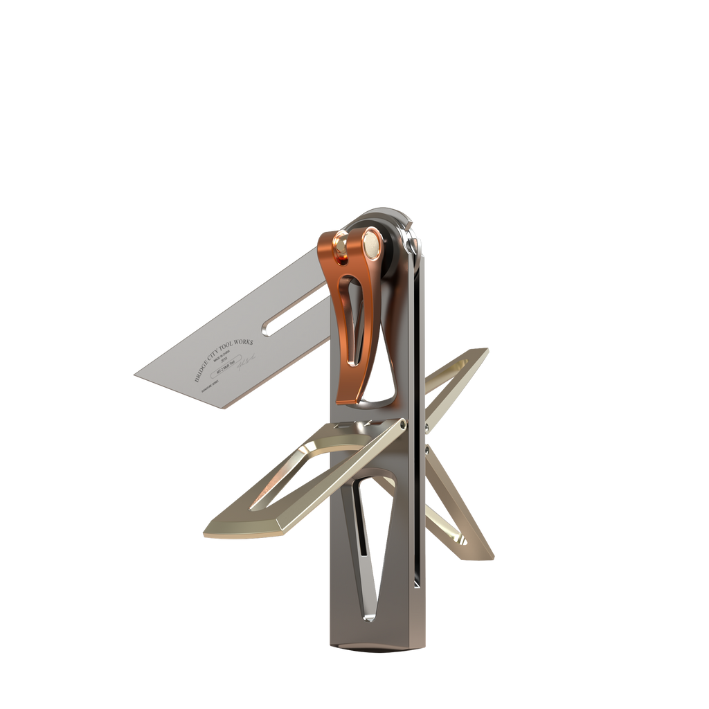A set of MT-2, with metallic finish and orange adjustment knobs, designed for precision layout work in woodworking.