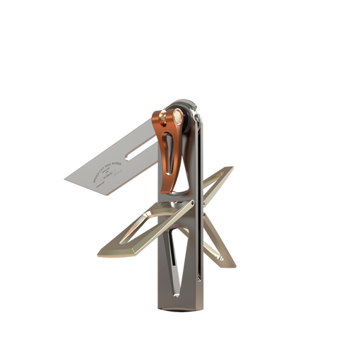 A set of MT-2, with metallic finish and orange adjustment knobs, designed for precision layout work in woodworking.
