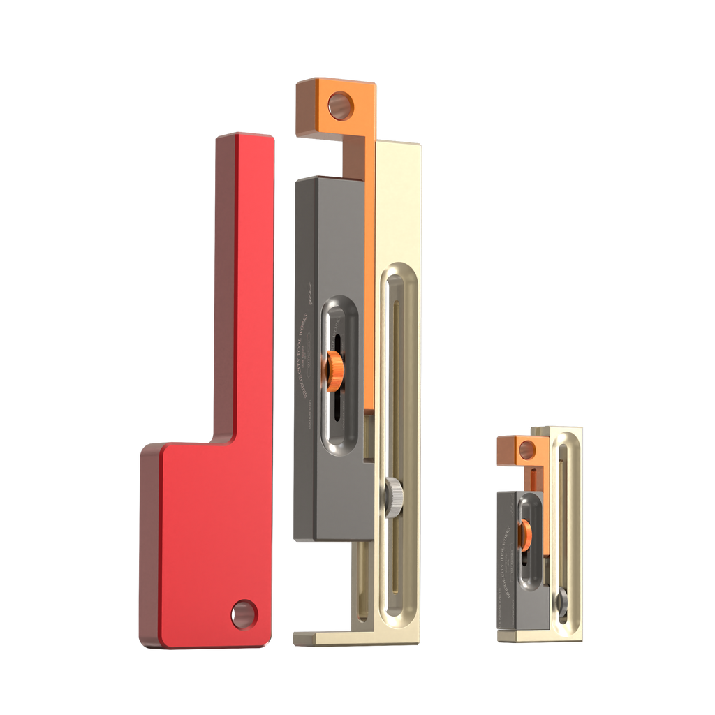 A set of three KM Kerfmakers, with the KM-2 model prominently displayed in the center. They are tools used for making sizing grooves and dado cuts in woodworking.