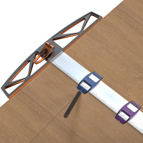 An adjustable square tool with a dual head design and a stainless steel ruler, primarily silver in color with black and orange accents and a blue cursor, a purple cursor on it