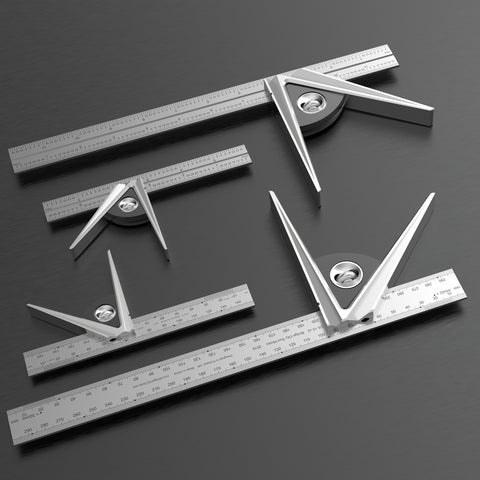 A set of combination squares with stainless steel milled legs and laser-etched graduations. The tools are used for measuring and marking in woodworking and metalworking.