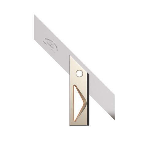 A precision miter square, with stainless steel blades and anodized aluminum handles, used for accurate woodworking and marking.