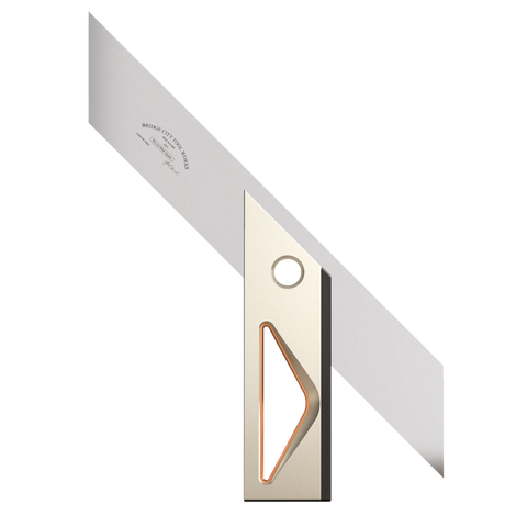 A precision miter square, with stainless steel blades and anodized aluminum handles, used for accurate woodworking and marking.