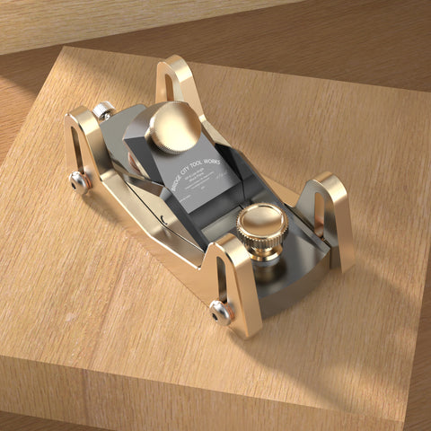 HP-8 Mini Block Plane with a silver-colored body, showing the side profile of the tool with its iron and sole visible, on wood piece