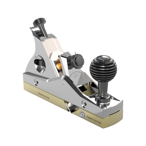 A silver and gold colored HP-6FX Mini Multi-Plane tool for woodworking.