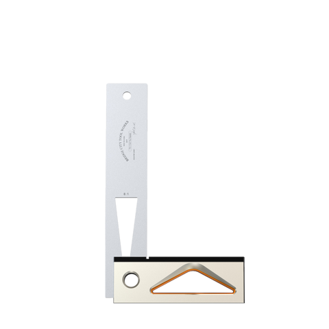 A set of try squares with stainless steel blades and anodized aluminum handles, displayed on a white background.