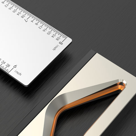 A set of try squares with stainless steel blades and anodized aluminum handles, displayed on a black background.