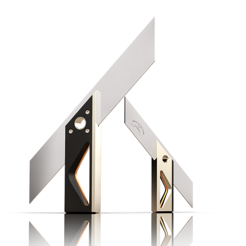 A set of two precision miter squares, with stainless steel blades and anodized aluminum handles, used for accurate woodworking and marking.