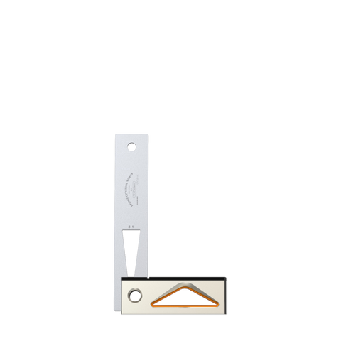 A set of try squares with stainless steel blades and anodized aluminum handles, displayed on a white background.
