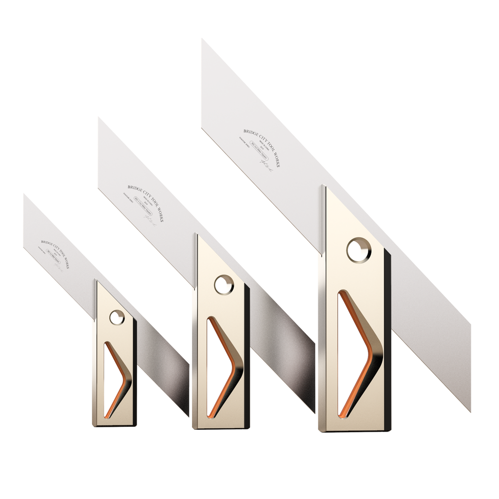 A set of three precision miter squares, with stainless steel blades and anodized aluminum handles, used for accurate woodworking and marking.